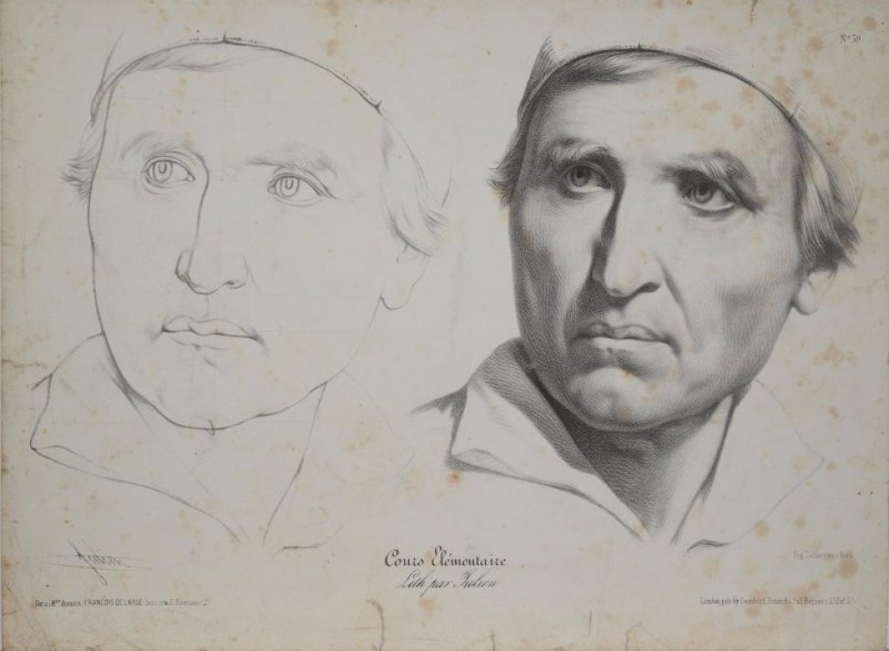 Изображены две мужские головы. Слева - набросок с расчерченным вертикальной и горизонтальными линиями лицом. Справа - портрет мужчины в повороте чуть влево, в головном уборе.