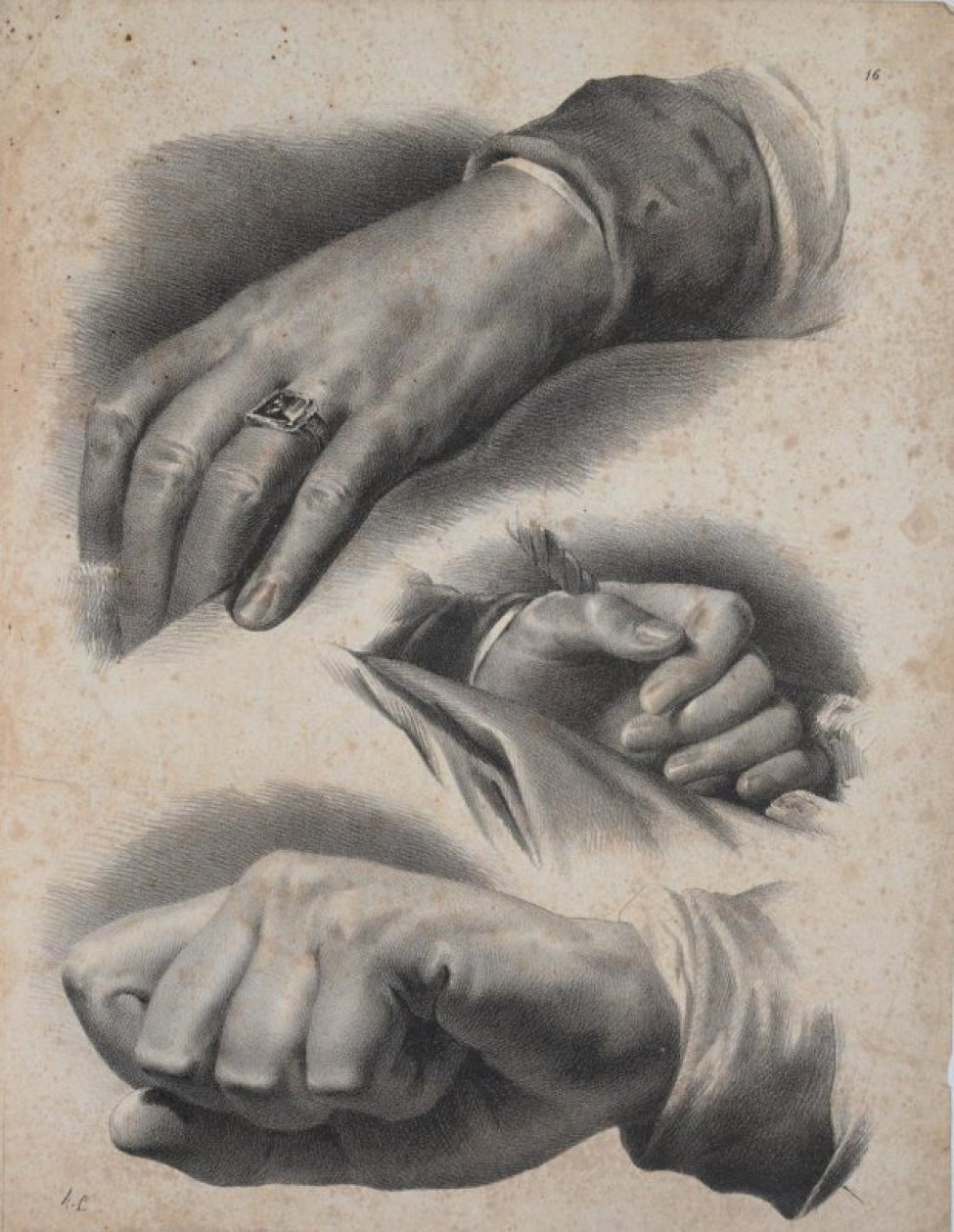Дано три изображения кистей рук. Вверху - лежащая  рука с кольцом на безымянном пальце, в центре листа - рука с веревкой в ладони, пальца согнуты, внизу - кисть сжатая в кулак.