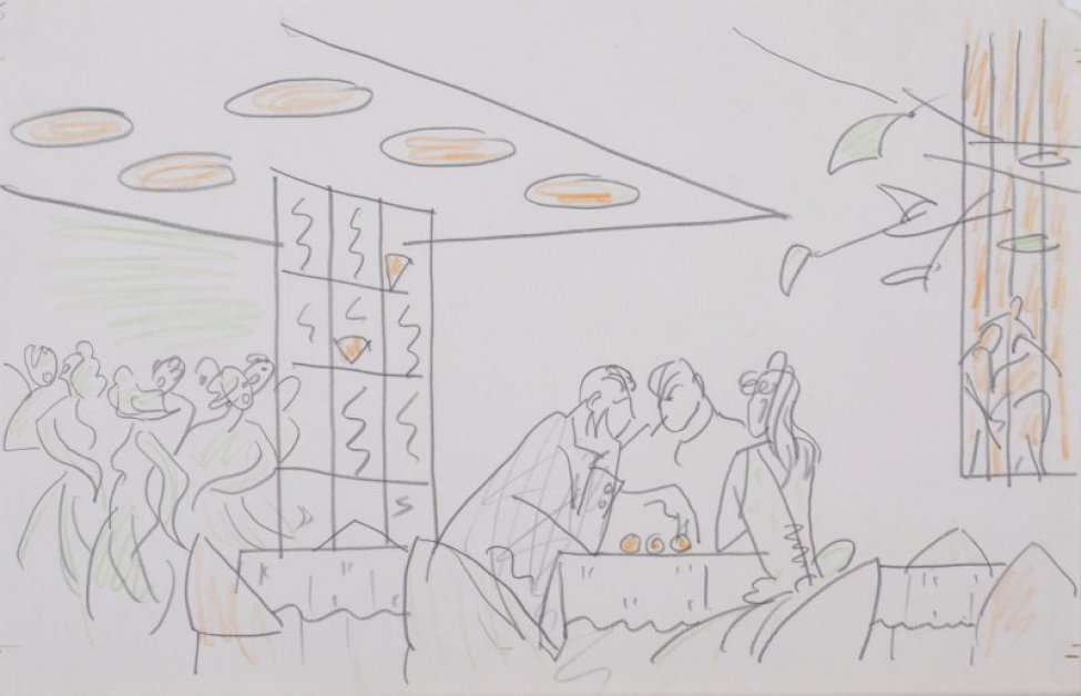 В кафе за столом, изображенным в середине листа, на первом плане сидят двое юношей и девушка с длинными волосами. Слева за декоративной стенкой виден танцевальный зал со множеством танцующих пар.