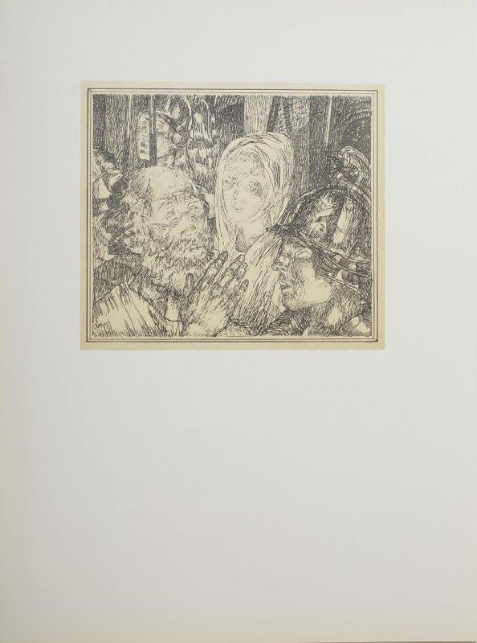 Изображены погрудно слева направо пожилой мужчина с поднятой правой рукой, молодая женщина в накидке на голове и молодой мужчина в шлеме. За ними видны лица людей.
Обрамление: Рисунок обведен двойной рамкой.