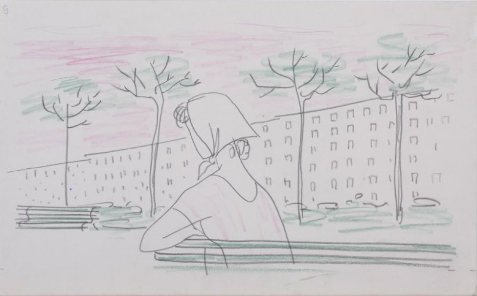 В аллее большого города на парковой скамейке изображена по пояс в 3/4 повороте девушка в открытой летней кофточке и платочке на голове. Вдали сплошной ряд многоэтажных домов.