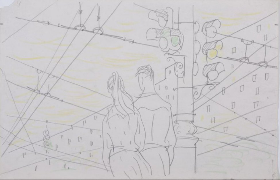 Изображены со спины проходящие возле столба со светофором парень и девушка. Над ними сеть проводов. Справа контур домов.