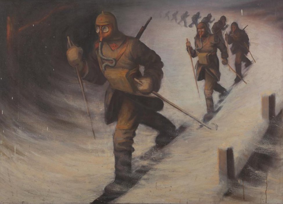 Изображены красноармейцы в противогазах во вьюжную зимнюю пору.