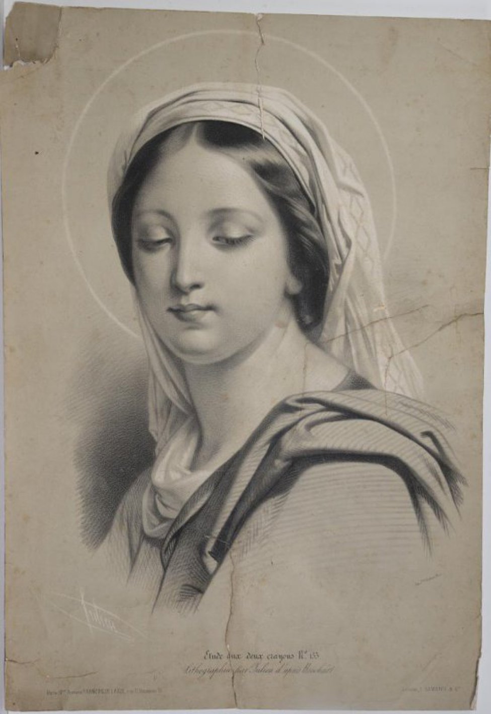 Изображена погрудно молодая женщина 3/4, голова повернута к левому плечу, взгляд опущен. На плечах драпировки, на голове драпированный светлый платок. За головой - нимб.