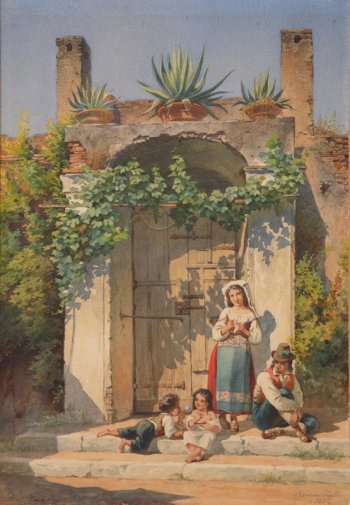 У  двери с арочным проемом обвитой плющом  изображена группа людей; справа прислонившись к косяку двери стоит молодая женщина, около нее сидит мужчина, двое детей на лестнице пускают мыльные пузыри