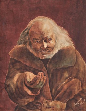 Изображен погрудно нищий  старик с седыми длинными волосами просящий милостыню, голова  немного наклонена вперед , правая  рука протянута; левой рукой прижимает к груди шапку.