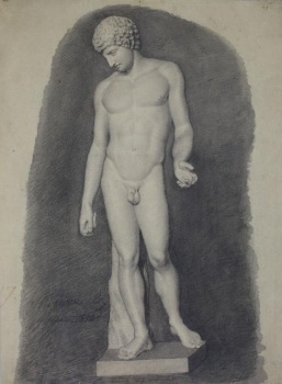 Изображен обнаженный молодой человек с опущенной вниз кудрявой головой; лицо обращено в левую сторону. Правая рука опущена вниз, левая  полусогнута в локте. Упор фигуры на правую ногу, левая отставлена назад на носок.