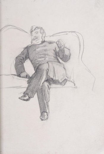Изображен полулежащий на диване пожилой мужчина в мундире; голова в левом повороте. Левая рука согнутая в локте поднята.