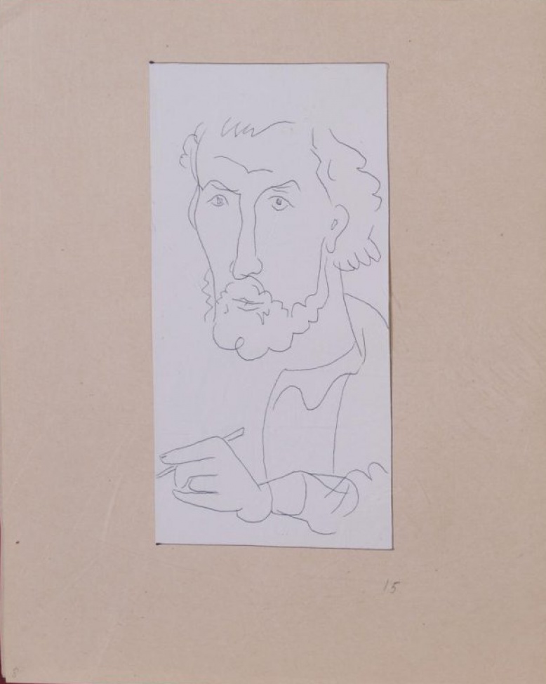 Погрудное изображение бородатого мужчины с карандашом в руке.