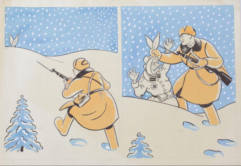 На фоне сугроба слева изображен со спины в тулупе, валенках и шапке мужчина с винтовкой в руках; в левом верхнем углу на фоне падающих снежинок видны два уха. Справа на фоне падающих снежинок изображен в профиль мужчина в тулупе, валенках и шапке с винтовкой в левой руке, правой рукой мужчина держит за "уши" завязанного на голове платка, солдата в форме с немецкой свастикой.