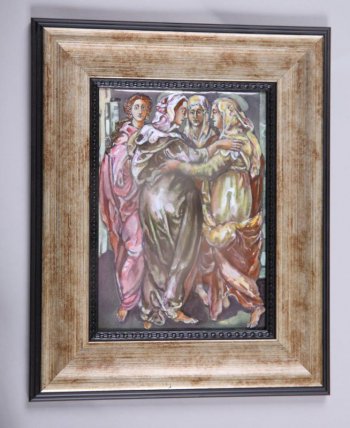 Представлен библейский сюжет: встреча св. Елизаветы и св. Марии (изображены в рост четыре босоногие фигуры в цветных длинных одеждах).
