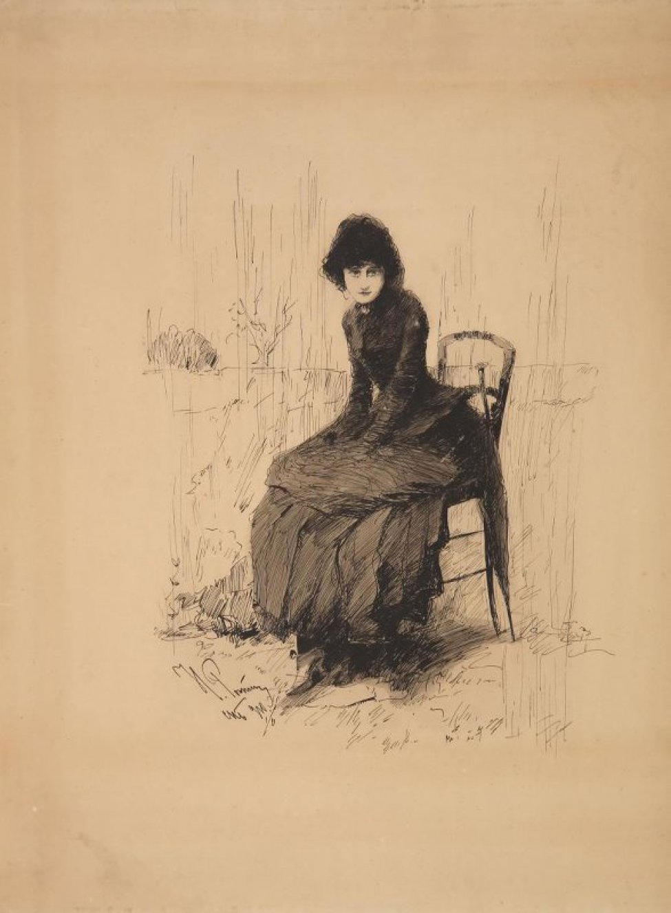 Изображена женщина в черном платье, сидящая на стуле; руки лежат на коленях. Около стула справа стоит закрытый зонтик.