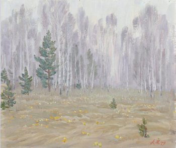 Изображен смешанный лес. Слева - три сосенки. На первом плане местами пастозными мазками изображены желтые цветочки.