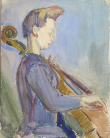 На голубом фоне изображена  левый профиль, победренно  женщина в серо-синем платье, играющая  на виолончели.