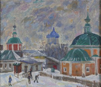 Зимний пейзаж со зданиями русских храмов. На первом плане слева,изображены четыре фигурки людей,  справа деревянный заборчик. Здания окрашены в красный, серый и охристый тона с голубыми и зелеными крышами и куполами.