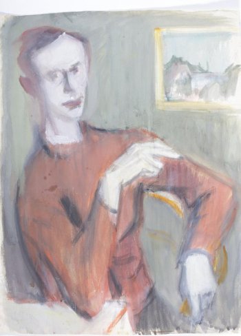 На сером фоне поясное изображение  мужчины средних лет в коричневом свитере в  3/4 повороте вправо;  правая рука опирается на стол, левая  лежит на спинке стула.