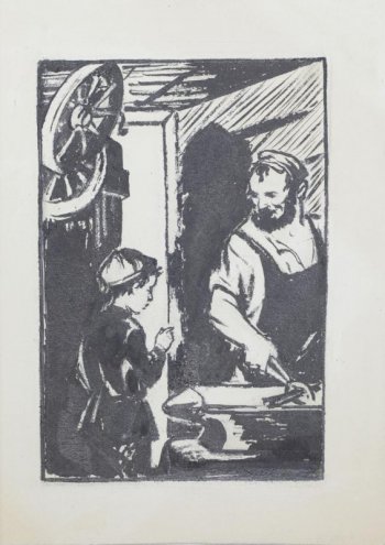 В интерьере кузнечной мастерской изображены справа мужчина с инструментом, слева - в проеме двери мальчик.