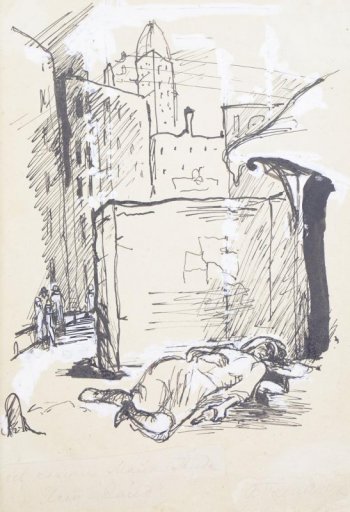 На первом плане на фоне  каменных построек изображена лежащая на мостовой женщина с бутылкой в руке. Вдали - многоэтажные дома.