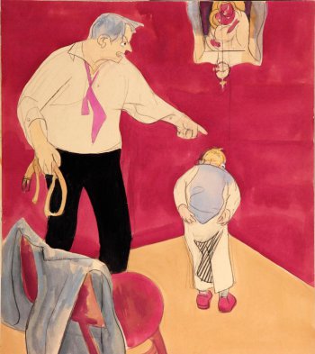 В комнате малинового цвета изображен мужчина с ремнем в руке и мальчик, поддерживающий брюки. В левом нижнем углу - стул с пиджаком, на стене икона Богоматери с подвесной лампадой.