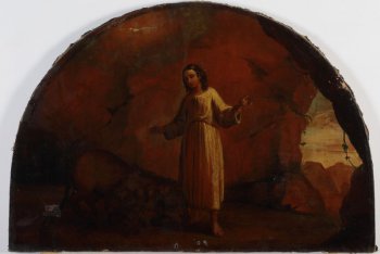 На красно-коричневом фоне изображена фигура юноши в белой одежде. Слева у его ног - лев, который лижит ему ногу. Слева вверху - белый голубь. Справа - вход в пещеру. Руки юноши разведены, глаза опущены.