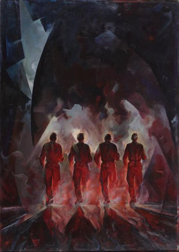 На темном фоне со спины изображены фигуры четырех бойцов, идущих в огонь.