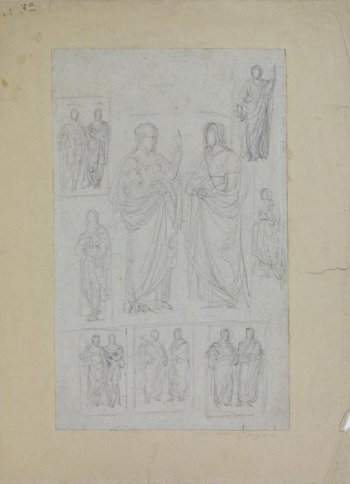 В центре композиции изображены  фигуры двух мужчин с накинутыми на плечи покрывалами, стоящих лицом друг другу; один с поднятой вверх рукой. По обе стороны от фигур расположено  четыре маленькие композиции и три внизу.