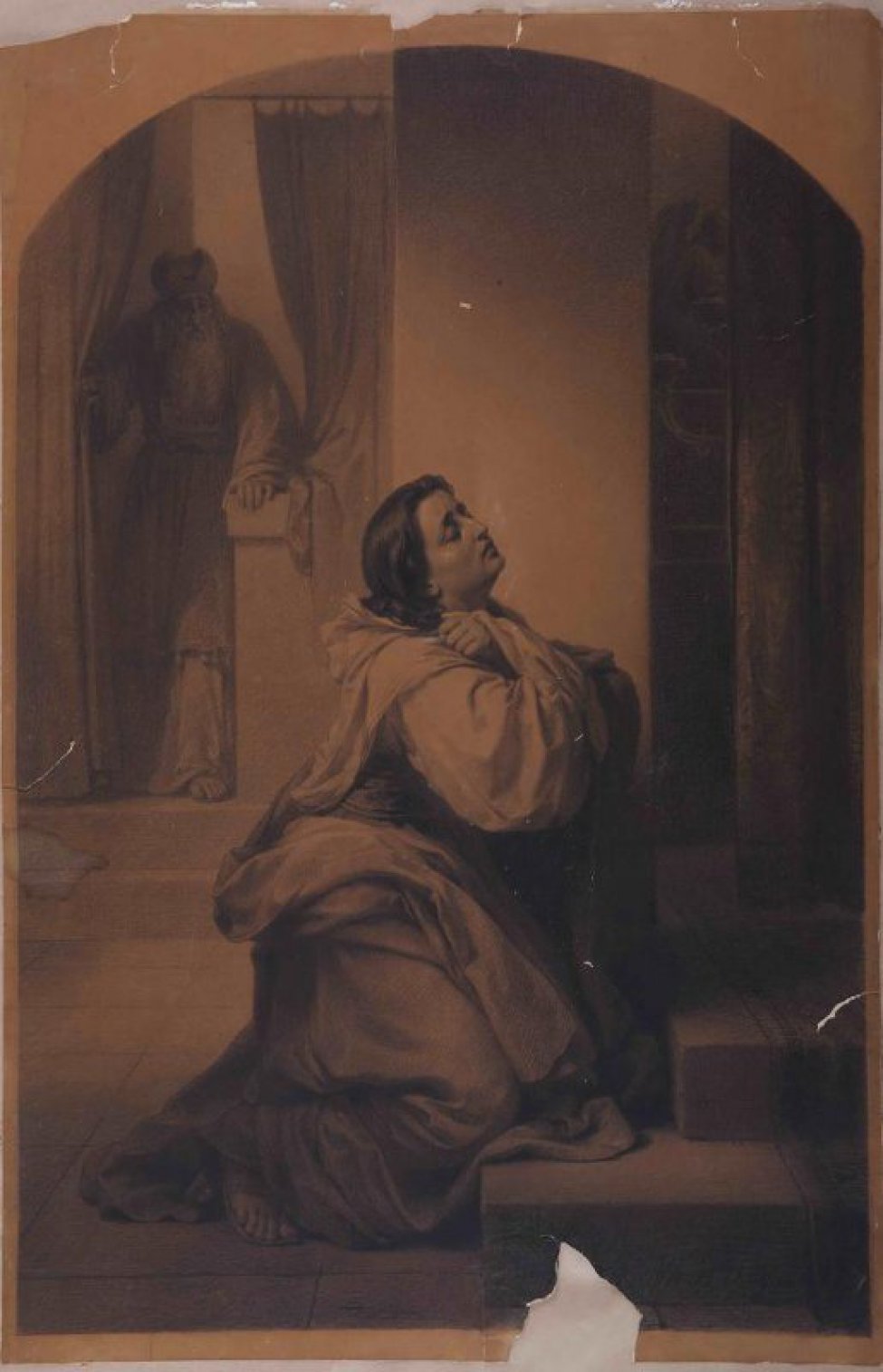 Изображена женщина, стоящая на коленях у ступеней алтаря; руки сложены на груди, голова немного откинута назад, глаза полузакрыты. Слева за занавесом изображен священник. Рисунок исполнен в 1/2 величины
