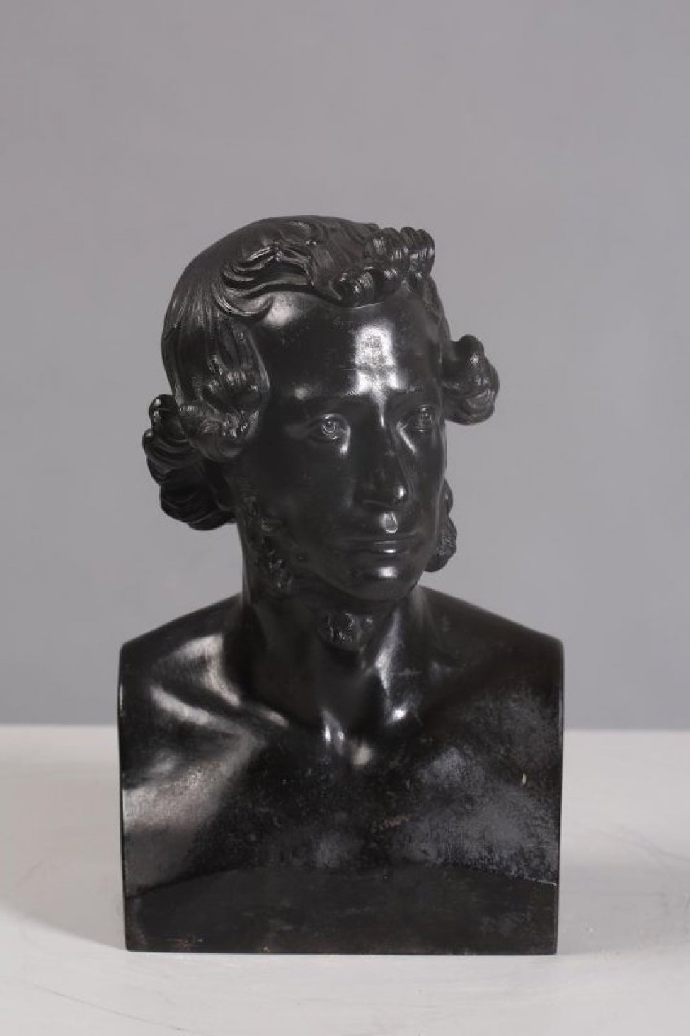 Изображен погрудно  А.С. Пушкин, с пышными кудрявыми волосами, на лице баки. Голова повернута немного вправо.