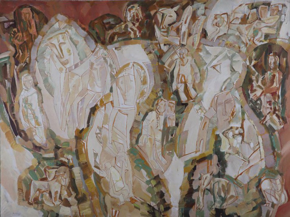 Дано стилизованное "кристаллообразное" изображение фигур людей на фоне домов. По горизонтали в верхней и нижней частях картины -  изображения животных (в правом верхнем углу фигурка скачущей лошади с тремя всадниками).
