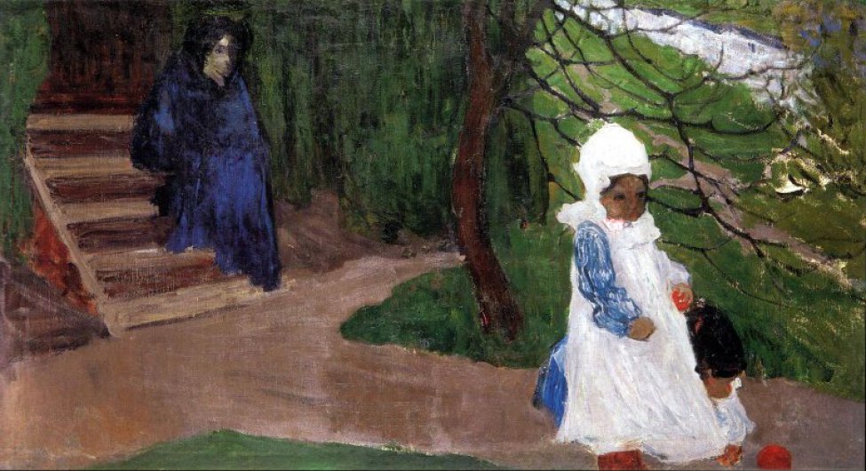 В левой части композиции изображена сидящая на ступеньках темноволосая женщина в 3/4 повороте вправо, в синем одеянии. На фоне зелени, на дорожке - фигура девочки с куклой в левой руке. Одета в светлое платье и капор.