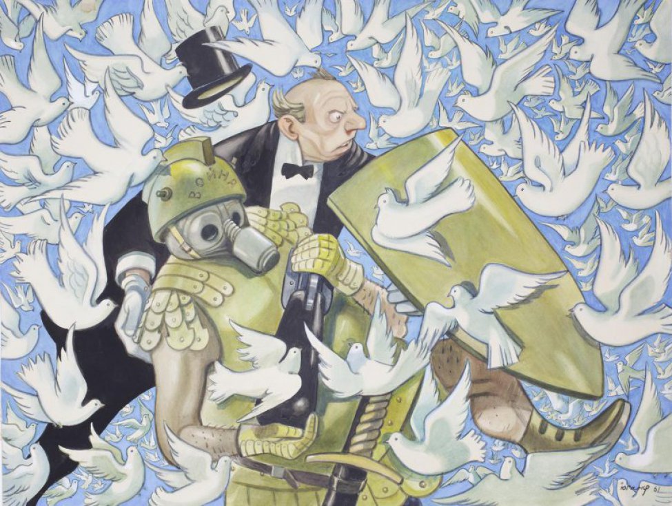 На голубом фоне с летящими белыми голубями изображен мужчина в черном костюме, с его головы слетает шляпа. В левой руке - щит, правой рукой  подтягивает человека в доспехах, в противовоздушной маске и шлеме. На шлеме надпись: "Война". В руках у "Войны" атомная бомба.