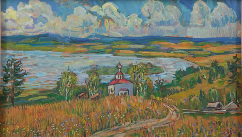 Изображен сельский пейзаж с однокупольной церковью в центре изображения. На втором плане - залив с зеленым островком. На ярком небе гряда облаков через всю горизонталь картины.