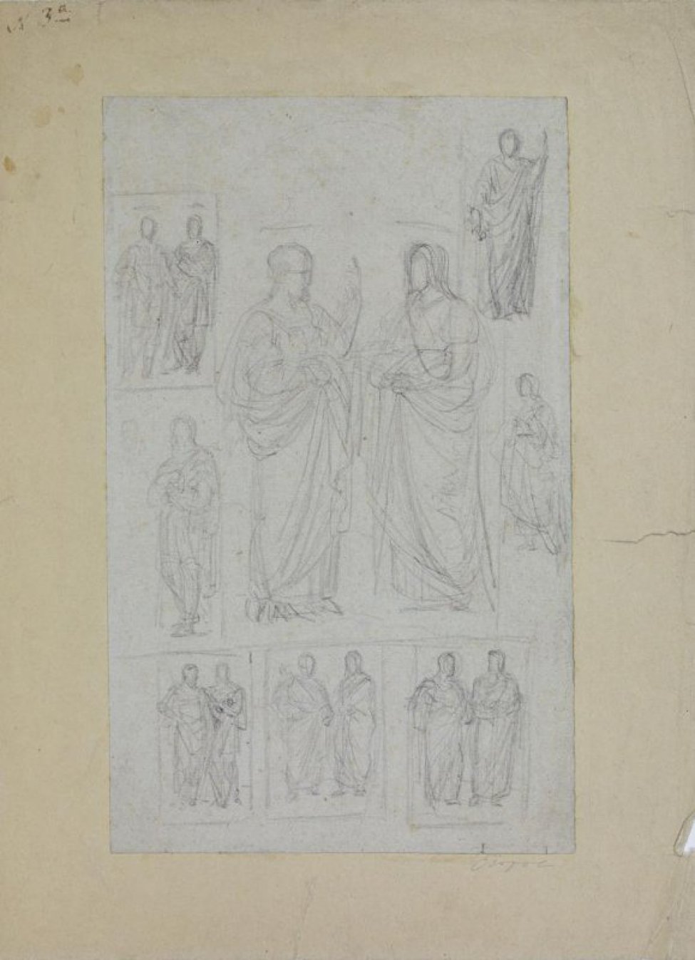 В центре композиции изображены  фигуры двух мужчин с накинутыми на плечи покрывалами, стоящих лицом друг другу; один с поднятой вверх рукой. По обе стороны от фигур расположено  четыре маленькие композиции и три внизу.