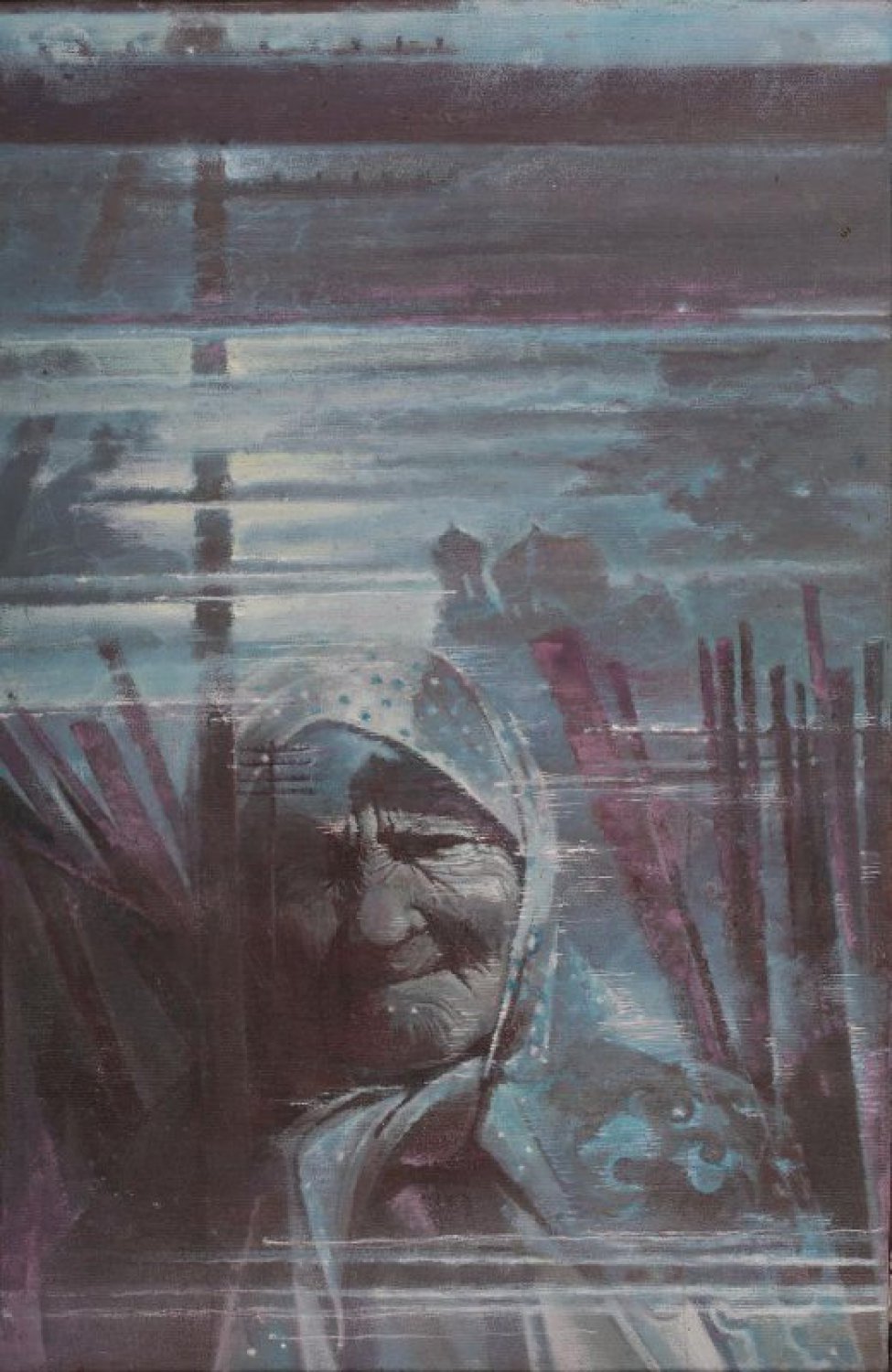 Изображен ночной лунный пейзаж с уходящей под воду церковью. На переднем плане погрудное изображение пожилой женщины в платке.