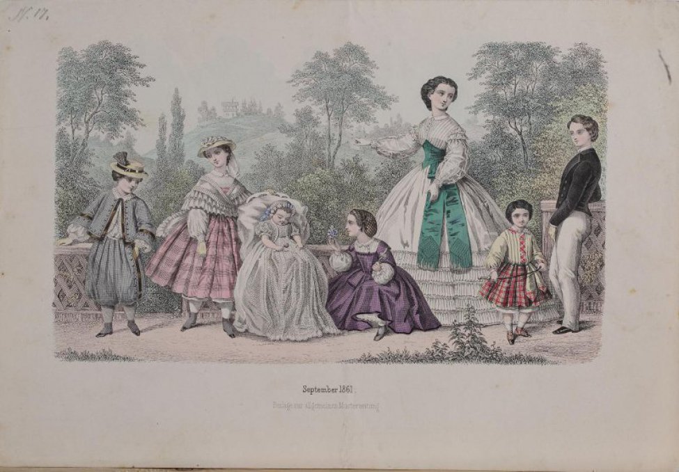 На гравюре девушка в белом платье с зеленым корсажем и около нее шестеро детей: три девочки, два мальчика и ребенок в кресле - в длинном кружевном платье.