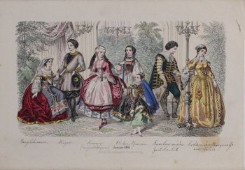 Изображены четыре женские и две мужские фигуры в маскарадных костюмах. Впереди девочка в стилизованном китайском костюме. Под каждым костюмом надпись чернилами