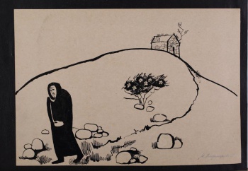 Слева на первом плане изображена идущая пожилая женщина в темных одеждах. В центре композиции - холм с каменным домом, у подножия холма груды камней, цветущий кустарник.
