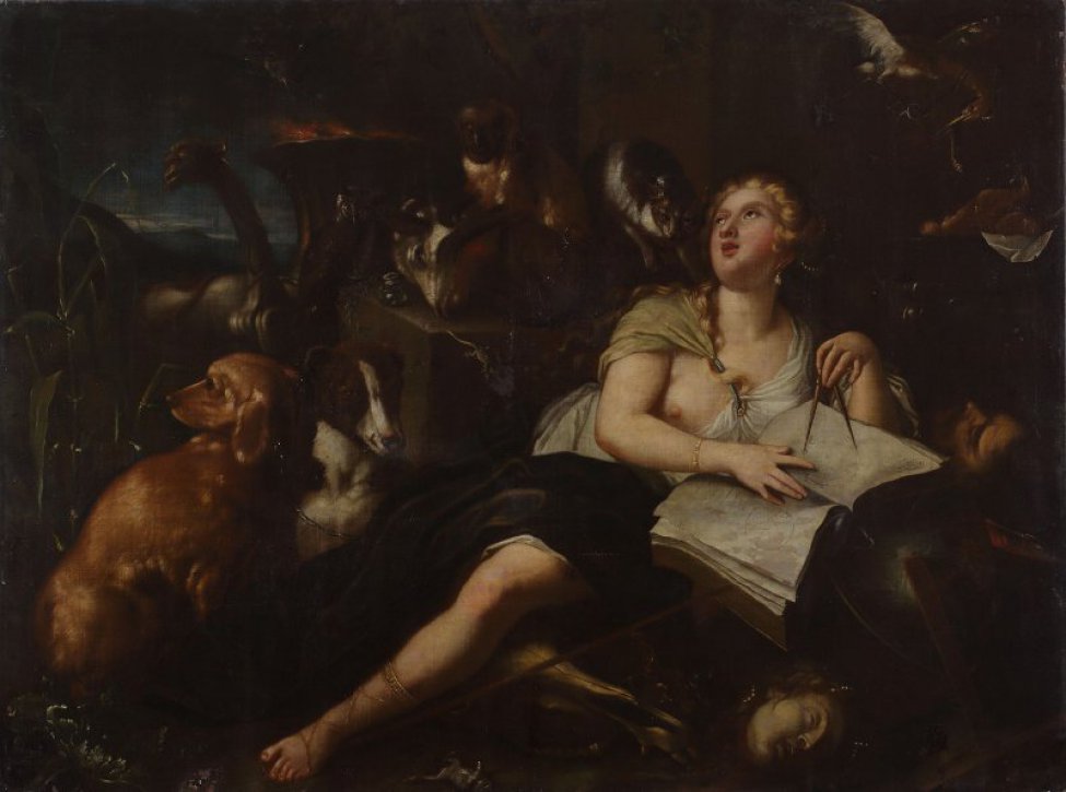 Изображает белокурую женщину в белой одежде, схваченной на груди голубым жгутом, и темном плаще, лежащем на коленях, с обнаженной ногой, опирающуюся левым локтем на глобус. В толстой книге, которая лежит на глобусе, женщина чертит циркулем круги. Женщину окружают: чертежная линейка внизу, голова трупа мужчины - справа на ложе, мертвая голова, обвитая жемчужными нитями, у ног женщины, кости животных и мертвая лягушка, слева - большие рыжая и коричневая с белым собаки на цепочке. За ними, на четырехугольной подставке, кошка (за плечом женщины), обезьяна, скачущая по направлению к женщине ящерица, мертвая голова барана и на краю чернильница. Вдали сова и ваза с горящим пламенем. Справа над головой женщины парит птица с тоненькой змейкой в клюве, которая обвилась вокруг шеи птицы.