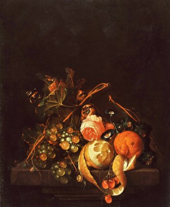 Изображает лежащие на столе фрукты и цветы: ветка с листьями и кистью винограда, роза, апельсин и на краю стола лимон со снятой наполовину (в виде ленты) кожурой. Фон темный.