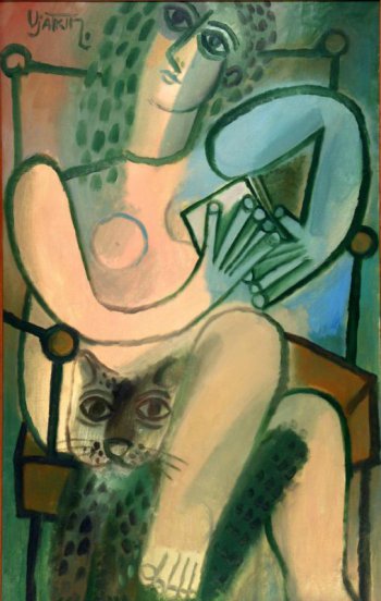 Зеленым контуром изображена сидящая обнаженная женщина, прижимающая к груди книжку. Под ее левой ногой - кот.