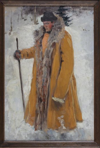 На фоне зимнего пейзажа изображен молодой крестьянин в желтом тулупе, в черной шапке, с палкой в руке.
