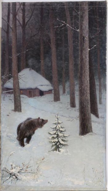 Изображен медведь зимой в лесу, лунной ночью бредущий по колено в снегу. Шея вытянута и повернута вверх мордой. Вдали между высокими стволами деревьев виден небольшой домик, занесенный снегом. Перед носом медведя из снега выставляется невысокая елочка.