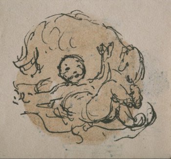 Рисунок двусторонний. I. Изображен младенец, лежащий возле овцы. II. На обороте изображено строение с аркой и силуэты двух человеческих фигур.