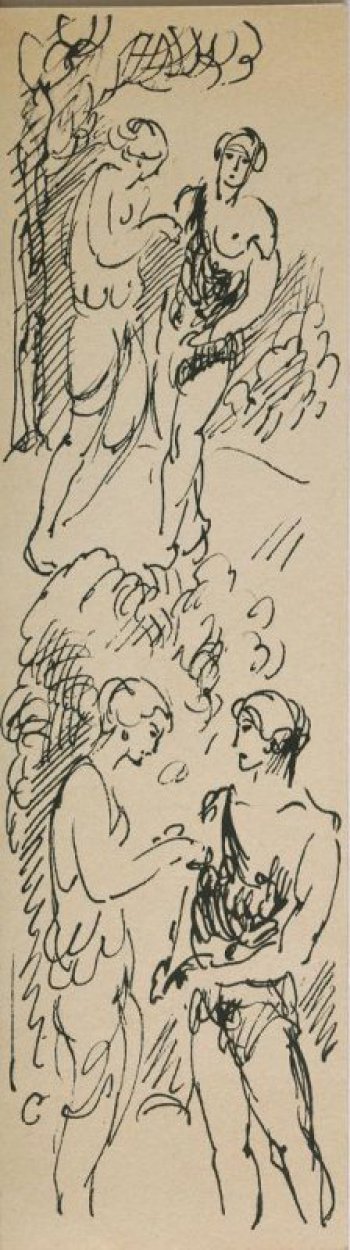 Даны две композиции, расположенные друг под другом, с изображением юноши и девушки, стоящих под деревом и задрапированных в звериные шкуры.  На обороте - набросок фигуры обнаженной сидящей девушки.