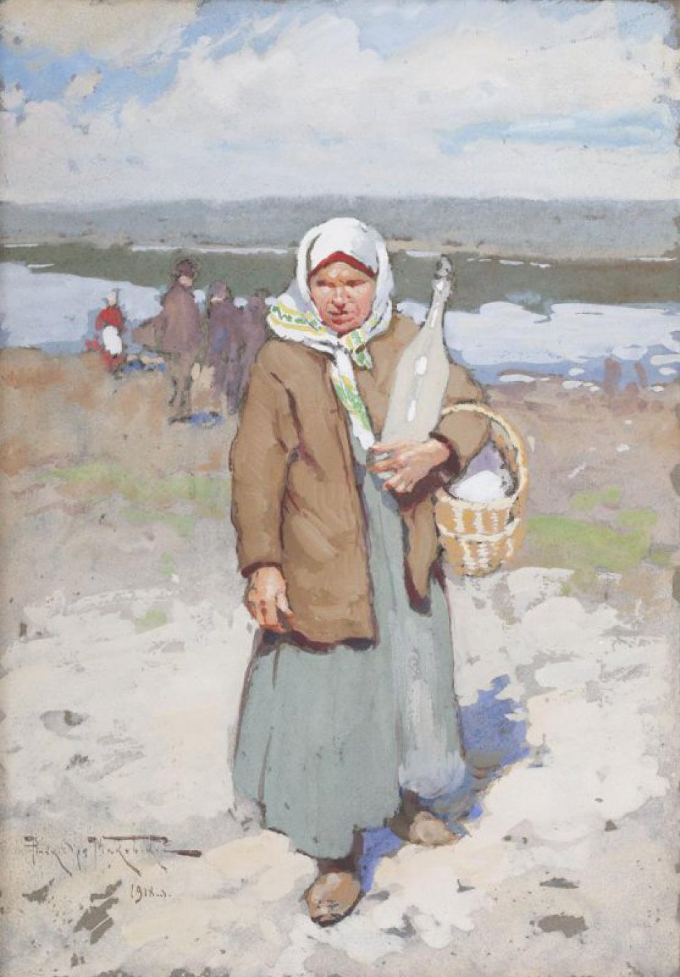 На фоне пейзажа с рекой изображена женщина с корзиной и бутылью в левой руке. Вдали слева видны фигуры людей.