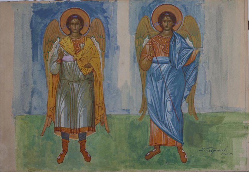 Изображены в рост два архангела; справа -  в оранжевой тунике и синем гиматии; слева - в зеленовато-серой тунике и желтом гиматии.
