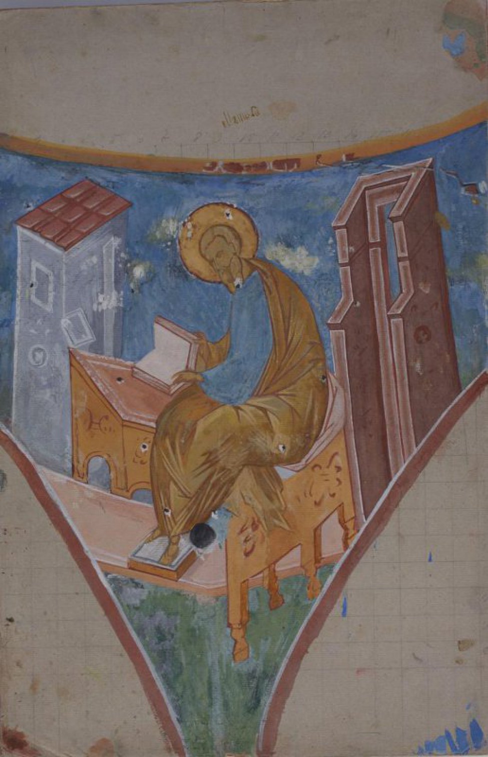 Изображен сидящий святитель в коричнево-желтом хитоне с книгой в руках.