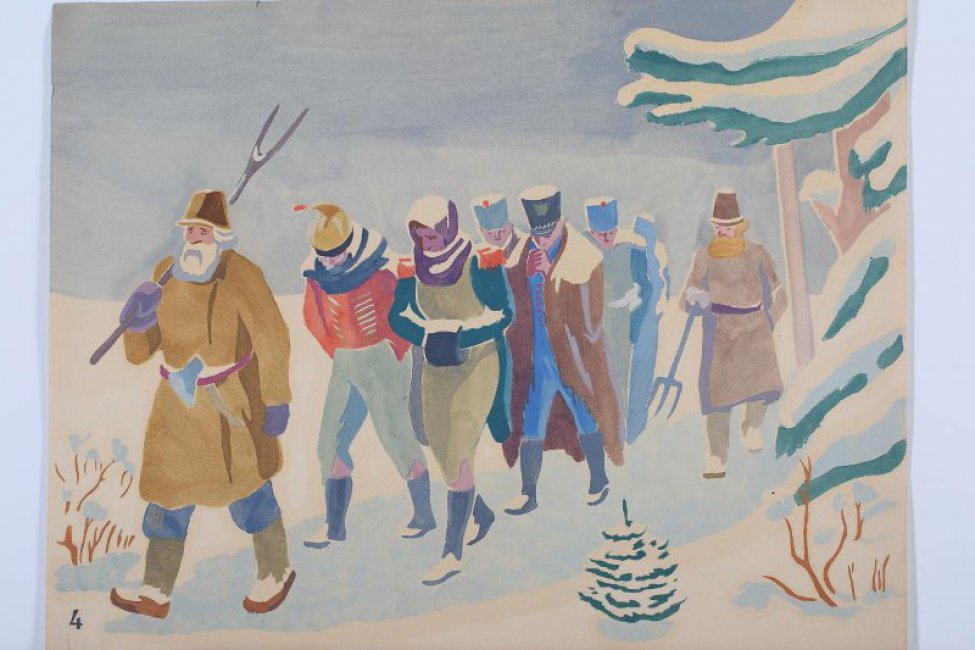 Шесть отдельных листов с изображениями и шесть листов с текстами к ним. 
4. Изображены двое крестьян с вилами, ведущие пленных французов.