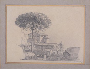 Архитектурный пейзаж. На первом плане слева изображено высокое дерево, справа - скала. В центре композиции - комплекс высотных каменных зданий, окруженных деревьями.