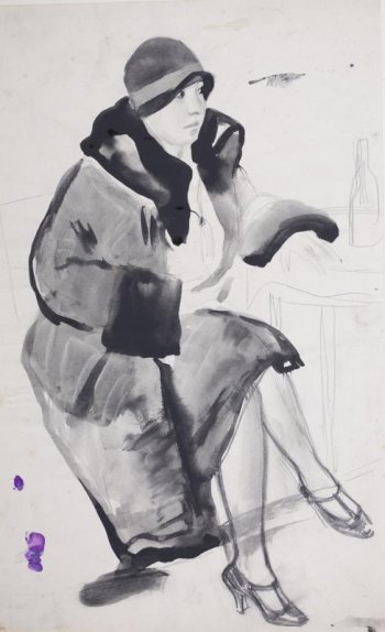 Изображена сидящая женщина в зимнем пальто с большим меховым воротником и манжетами; на голове - шляпа, на ногах - туфли на высоком каблуке.